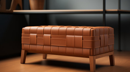 a storage bench with weaving leather elements, designed with a clean and elegant look using octane render. this hyperrealistic chair showcases detailed textures and is isolated on a white background. with a resolution of 16k, it offers high detail for a visually stunning experience. ai generatedの素材