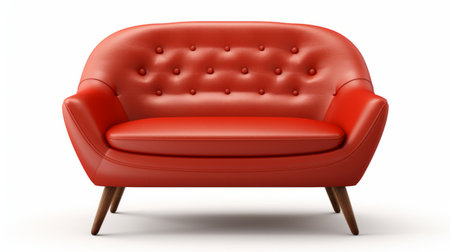 a stunning red leather chair placed against a clean white background. this chair embodies the creative commons attribution style with its bold color scheme and rounded shapes. inspired by the argus c3 camera, it captures attention with its soft focal points. designed by sung kim, this chair showcases a unique blend of multi-colored minimalism. ai generatedの素材