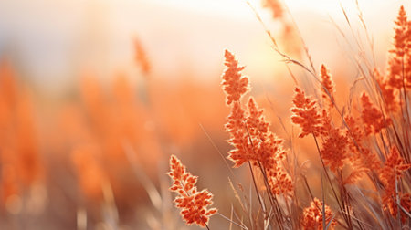 an orange field of grass at sunrise, captured in a photo gallery, showcases a romantic soft focus and ethereal light. this uhd image features a combination of light maroon and light gold hues, with flower and nature motifs. the sharp and prickly elements are balanced by the skillful use of light and shadow, creating a nature-inspired composition. ai generatedの素材