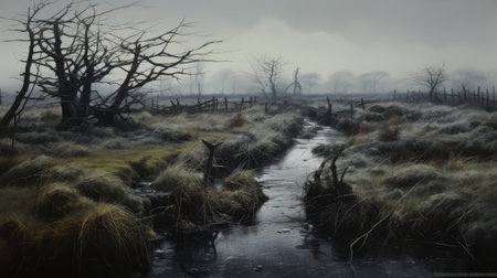 a hyper-realistic water painting depicting a dead area with trees and grass, reminiscent of traditional british landscapes. the atmospheric shot captures the dark and foreboding essence of the scene. the flowing forms and photorealistic wildlife art add depth to the composition, evoking a sense of melancholy. this artwork draws inspiration from frostpunk and showcases the beauty in desolation. ai generatedの素材