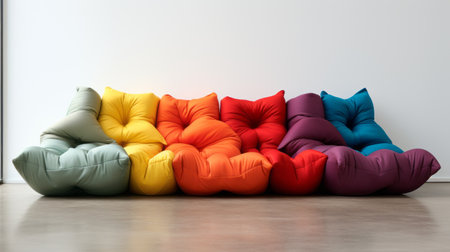 a colorful couch in a room is adorned with scattered colors and shapes, creating a vibrant and dynamic atmosphere. the piles and stacks of various objects, made of rubber, add a touch of uniqueness. the soft-edged design and the use of sfumato technique enhance the visual appeal. this 8k photo serves as a thought-provoking consumer culture critique. ai generatedの素材