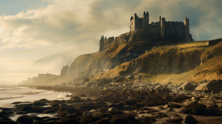 an old castle stands tall amidst the sea, with a small rocky island in the distance. this captivating scene, rendered in unreal engine, showcases the beauty of the castle. captured with the tamron 24mm f/2.8 di iii osd m12 lens, the soft mist adds an ethereal touch to the dark beige and amber tones. the british topographical influence blends with a fantastical street, creating aの素材
