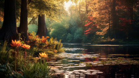 a stunning photograph of a river adorned with vibrant flowers and lilies, with the sun casting a warm glow from behind. this picturesque scene showcases the beauty of nature, combining elements of atmospheric woodland imagery and traditional british landscapes. the high-resolution uhd image captures the essence of exotic and breathtaking landscapes, leaving viewers in awe of its sheer beauty. ai generatedの素材