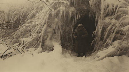 an old photograph captures a man standing in the snow, showcasing the surreal naturalism style reminiscent of american works on paper from 1880-1950. the image evokes a sense of eerie dreamscapes, with mysterious jungle-like surroundings and organic formations. the lighting casts a light bronze hue, adding to the overall enigmatic atmosphere. ai generatedの素材