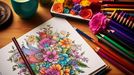 a stunningly detailed and intricate coloring book, captured in an ultra-realistic and elegant photograph. the photo showcases the book's hyper maximalist design, with its insanely detailed and intricate patterns. shot with a 25mm lens, the image features a dynamic pose and a depth of field effect, creating a visually captivating composition. the lighting, including half rear lighting and backlight, adds a dramatic touch to theの素材