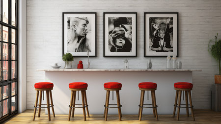 the iyengar wall at the bar showcases a unique blend of styles, including monochrome portraits, japanese-inspired imagery, photorealistic wildlife art, modern photography, and traditional chinese elements. the red stools add a pop of color against the matte photo backdrop, creating a striking contrast. the overall composition balances a mix of masculine and feminine elements, resulting in a visually captivating scene. ai generatedの素材