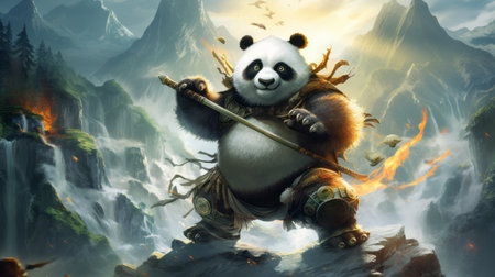 an animated image of a powerful panda with bone spikes protruding from its physique, set in a baroque madness style reminiscent of 1980s devilcore cartoons. the panda is depicted on the edge of a sheer cliff, situated high up on a mountain. this action-packed scene captures the essence of d&d-inspired animated cartoons. ai generatedの素材