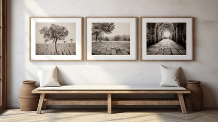 three black and white prints of rural china, with a light gray and brown color palette, hang in a living room. these high-resolution 8k prints feature a soft atmospheric perspective, showcasing the unique framing and composition. inspired by ottoman art, these outdoor artworks add a touch of cultural charm to the space. ai generatedの素材