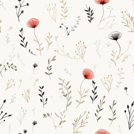 seamless flower pattern with a pencil on a white background, featuring a nature-based style. the pattern showcases light red and light black hues, reminiscent of the french countryside. the design incorporates elements of light gold and gray, along with whimsical character sketches and twisted branches, creating a nature-inspired and captivating imagery. ai generatedの素材