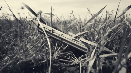 a vintage sepia-toned photograph showcases a tennis racket resting gracefully amidst lush green grass. this captivating image captures the essence of destroyed gadgets sculptures, adox silvermax, and experimental cinematography. the black and white grayscale adds a touch of elegance, while the futurist mechanical precision and flat planes create a visually striking composition. ai generatedの素材