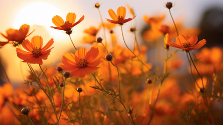 the photo features a vibrant orange background, reminiscent of mandy disher's artistic style. captured using the tokina at-x 11-16mm f/2.8 pro dx ii lens, this backlit photograph showcases the influence of childe hassam's work. the high-definition image exhibits the intricate details and depth, akin to the style of akihiko yoshida. the composition exudes a sense of "flower power.", ai generatedの素材