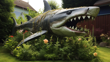 a large wooden-turned-plastic shark is displayed on a lawn, reminiscent of tranquil gardenscapes. this unique sculpture draws inspiration from artists such as stanley spencer and beth conklin, combining elements of taxidermy and blooming aesthetics. captured in ultra-high definition by angus mckie, this image showcases the intricate details of the shark sculpture in a captivating bloomcore style. ai generatedの素材