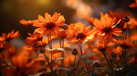 orange flowers at sunrise in the grass, captured with the samyang 14mm f2.8 if ed umc aspherical lens. this photograph by peter mitchev showcases a tranquil gardenscape with a monochromatic color scheme. the close-up shot emphasizes the realistic still life style and dramatic lighting, resulting in a captivating and high-resolution uhd image. ai generatedの素材
