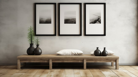 empty wooden bench with 3 framed photos, rendered in 3d, showcases a zen-inspired ink painting style. the minimalist black and white aesthetic exudes rustic charm, complemented by organic stone carvings. these unique and one-of-a-kind pieces create a japanese contemporary atmosphere in this atmospheric environment. ai generatedの素材