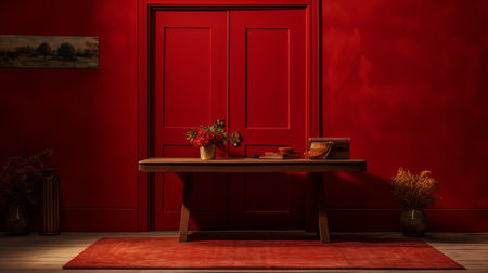 a table adorned with a vibrant red lamp stands gracefully beside a door, showcasing a captivating blend of saturated colors. this composition draws inspiration from the classic still life arrangements of william morris and the monochromatic style of govaert flinck. the symmetrical layout and the use of vray tracing technique add depth and visual appeal to this captivating photo. ai generatedの素材