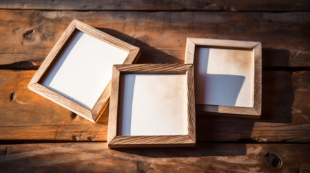 the photo frames, in the style of tamron 24mm f28 di iii osd m12, are displayed on an old wooden table. the frames are made of light brown wood and have a smooth and polished finish. the table is adorned with natural fibers, creating a rustic and charming atmosphere. ai generatedの素材