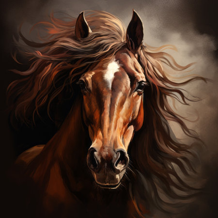 a brown and white horse is depicted in this coloring image, created in the style of dark crimson and light amber. the realistic portrait painter skillfully captures the essence of the horse, set against a smokey background. the vibrant caricatures and flowing brushwork add depth and movement to the artwork. this 32k uhd image showcases the artist's free brushwork technique. ai generatedの素材