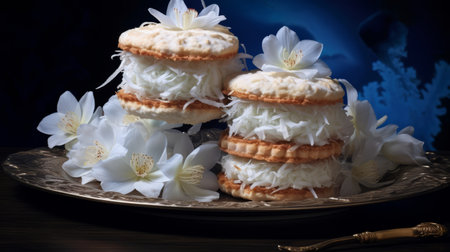 a plate of white tiers adorned with flowers and coconut, capturing the essence of baroque grandiosity. this matte photo, inspired by louis majorelle, showcases a beautiful combination of light yellow and light indigo. with post-processing techniques, the image exudes a clear and crisp quality reminiscent of the enchanting tales of the brothers grimm. ai generatedの素材