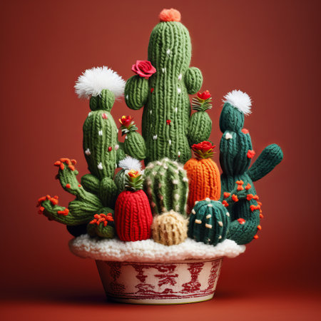 a knitted cactus figurine created by ama hanoum in july 2016. this unique piece is inspired by lush baroque still lifes, featuring photobashing techniques. the vibrant red and brown colors create bold and colorful compositions. the isolated landscapes and high level of detail contribute to a festive atmosphere. ai generatedの素材