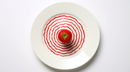 a strawberry sour cocktail is beautifully presented on a white plate, with a mesmerizing ripple of red ink resembling spiral vortex patterns. this artistic composition, inspired by the works of olivier ledroit, georg jensen, and serge marshennikov, creates a visually stunning bio-art piece. creative commons attribution. ai generatedの素材
