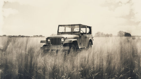 vintage jeep driving through a field, surrounded by clouds and grass. the monochrome toning, graflex speed graphic, distressed and weathered surfaces give it a stylish, edogawa ranpo vibe. the matte photo showcases detailed miniatures, creating a captivating scene. ai generatedの素材