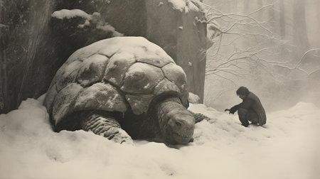 a small tortoise and a brown bear are captured in a surreal snowy scene, reminiscent of surrealist photography. this unique photograph showcases the intricate details of the sculpted environments, while also embodying the style of the criterion collection and kan school. the gigantic scale and the inclusion of elements like dinocore add an intriguing touch to this visually captivating image. ai generatedの素材