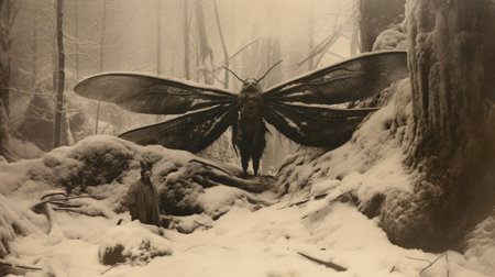 a slovenly mosquito, in the style of fine art film, is captured in this associated press photo. the image showcases the creature's intricate details and steampunk-inspired features. the heavy chiaroscuro adds depth and drama to the light-filled scenes, while the gigantic scale of the mosquito creates a sense of awe. the woodland goth aesthetic further enhances the overall atmosphere of the photo. ai generatedの素材