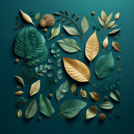 golden leaves and branches adorn a wooden surface, reminiscent of vibrant illustrations. the dark cyan and green hues create a striking contrast, while the luminous 3d objects and paper sculptures add depth. detailed depictions of flora and fauna bring life to the scene, enhanced by monochromatic shadows. simple yet colorful illustrations complete the captivating composition. ai generatedの素材
