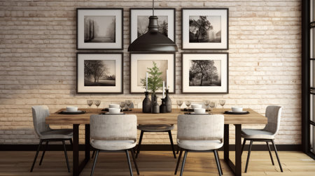 a dining room featuring gray walls and a wooden table and chairs. the room is designed in the style of artistic photographic collages, showcasing rustic scenes and realistic landscapes with soft, tonal colors. the furniture is made of wrought iron and the overall ambiance is light-focused, with a framing effect. ai generatedの素材