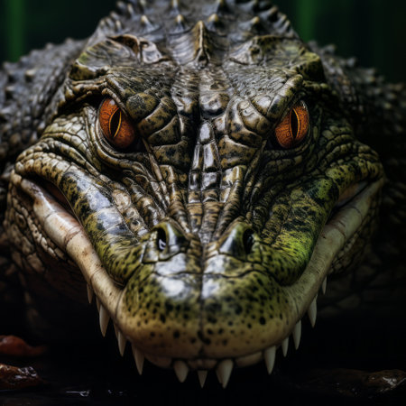 the close-up photo captures the intense and dramatic lighting on the face of an alligator. with vray tracing, the dark white and dark orange hues create a photo-realistic effect. the lively storytelling is enhanced by the sharp and prickly details, while the wide-angle lens adds depth to the composition. ai generatedの素材