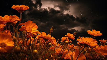 an orange flower is showcased against a dark background, resembling atmospheric clouds. the dreamlike illustration features birds, flowers, and lush landscape backgrounds. the flash photography captures the dark yellow and dark black tones, creating a realistic depiction of light. ai generatedの素材