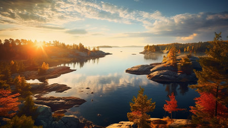 a stunning photograph capturing a serene and peaceful ambiance of a lake at sunset, adorned with beautiful autumn colors. this picturesque scene, reminiscent of the detailed marine views of noah bradley and the captivating harbor views of tyko sallinen, evokes a serene and dreamlike atmosphere. a true masterpiece that could easily grace the pages of national geographic. ai generatedの素材