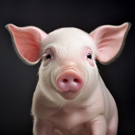 a newborn pig, with exaggerated facial features, gazes at the camera against a black background. this unique photograph captures the essence of jewish culture themes, showcasing the pig's light pink and white coloring. with a touch of environmental awareness, this image transports us to the era of 500-1000 ce. ai generatedの素材