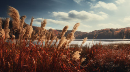a field of brown wheat, resembling romantic riverscapes, is captured in this 8k resolution photograph. the wheat stands out with its dark red and light orange hues, creating a visually striking scene. the image features elements of manapunk and showcases the artistic styles of photographers caras ionut and joong keun lee. the smokey background adds an atmospheric touch to the composition. ai generatedの素材