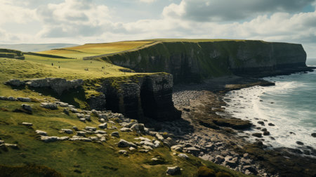 a photo of sheep grazing peacefully in the environs near the ocean, captured in a cinematic style using cinema4d rendering. the scene showcases romantic ruins amidst epic landscapes, creating a gravity-defying and visually stunning composition. the rim light adds a touch of drama, while the rough clusters of elements enhance the overall aesthetic. ai generatedの素材