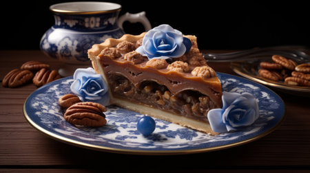 a plate of chocolate and pecan pie, accompanied by a cup of tea, is artfully arranged in this uhd image. the dark azure and beige color scheme, inspired by chinese cultural themes, adds a touch of elegance. the luxurious textures and multi-layered composition create a visually appealing display. softbox lighting enhances the intricate flower and nature motifs. ai generatedの素材