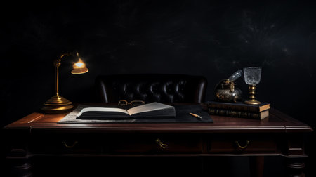 an open book and glass of wine sit atop a table, creating a dark and moody vignette. this meticulously crafted scene, reminiscent of the victorian era, exudes an elegantly formal atmosphere. the leatherhide and industrial light and magic elements add a touch of reimagined charm to this study place. ai generatedの素材