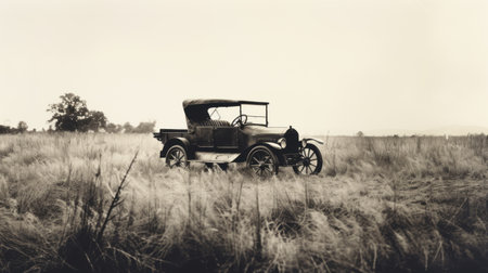 older style cars are captured in a field, reminiscent of the iconic graflex speed graphic camera. the photo showcases detailed etchings and evokes the essence of war photography. with a transcendent quality, it draws inspiration from tonalist paintings and black and white photographs. this photorealistic pastiche captures the nostalgia and beauty of a bygone era. ai generatedの素材