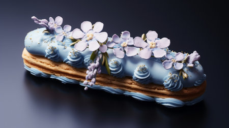 a blue cake adorned with delicate white flowers sits elegantly on a sleek black table. this realistic and detailed rendering, inspired by the style of francois boucher, showcases a harmonious blend of light purple and light azure hues. captured with iso 200, the use of precious materials and kimoicore technique highlights the exacting precision of this exquisite creation. ai generatedの素材