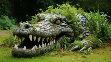 an alligator, rendered in cinema4d, resides in a lush green garden. this southern gothic-inspired creature showcases detailed facial features. the mythical beast, captured through a leica r8 lens, adds a touch of nature-inspired installations to the english countryside scenes. ai generatedの素材