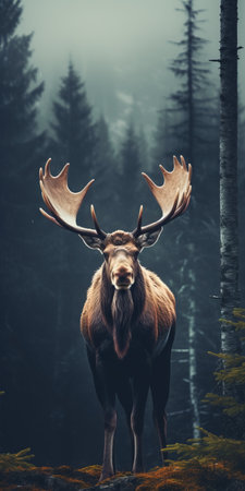 a large moose stands majestically in the forest, showcasing the surreal beauty of animal hybrids. its strong facial expression adds to the captivating documentary-style portrait. the soft-focus technique enhances the enchanting atmosphere of the photo. the dark teal and dark orange tones create a baroque aesthetic, while the use of tilt-shift lenses adds a unique perspective to this mesmerizing image. ai generatedの素材