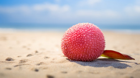 a red flower with a green leaf stands out in the sandy landscape, resembling spherical sculptures. the photo captures the vibrant colors of light sky-blue and pink. taken with a topcor 58mm f14 lens, the image showcases hyperrealistic marine life. the monochromatic color scheme enhances the spiky mounds surrounding the flower, creating a bombacore-like effect. ai generatedの素材