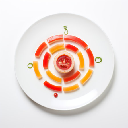 a plate of a vibrant and colorful tomato and vegetable dish is being served. the dish is presented in the style of felipe pantone, known for his abstract formulations. the artistic influence of raynald leclerc can be seen in the use of liquid light emulsion, creating a visually stunning effect. the photograph is captured with the technique of mars ravelo, using iso 200. the overallの素材