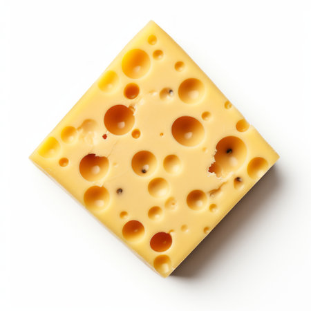 a piece of cheese, in the style of samyang 14mm f28 if ed umc aspherical lens, is showcased on a white background. the cheese appears light yellow and dark gray, with a dotted texture that creates a bold and busy visual. the image has been cross-processed, resulting in an eye-catching and vanitas-inspired composition. ai generatedの素材