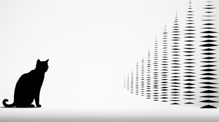a black cat silhouette illustration against a white background, rendered in the style of haroon mirza and ursula von rydingsvard. created using cinema4d, this vector artwork captures the essence of animated gifs and the architectural influence of santiago calatrava. the striped arrangements and minimalistic landscapes add a touch of simplicity and elegance to this captivating image. ai generatedの素材