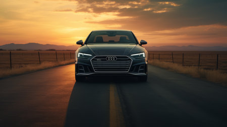 audi a4 landscape wallpaper featuring dynamic and exaggerated facial expressions, captured in the style of panasonic lumix s pro 50mm f14 lens. the image showcases realistic chiaroscuro lighting, creating a visually striking effect. the composition embraces the emerging trend of prairiecore, combining innovative techniques with creased, golden light for a captivating aesthetic. ai generatedの素材