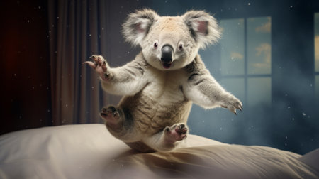 a koala jumps on a bed in the moonlit nighttime, captured in a realistic portrait style. the photo showcases vray tracing techniques and emotive body language. this national geographic photo combines surrealistic humor with concept art, taken with a rodenstock imagon 300mm f58 lens. ai generatedの素材