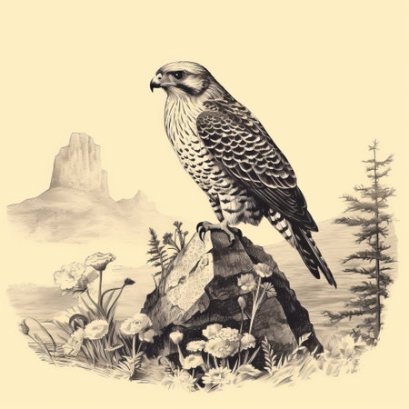 white falcons soar gracefully against the backdrop of a rugged mountain side in the desert. this stunning illustration, reminiscent of victorian engravings, showcases the intricate details of both the botanical surroundings and the realistic animal portraits. created by the talented artist hal foster, known for his detailed character illustrations, this artwork captures the essence of nature's beauty with a touch of mono-ha influence. ai generatedの素材