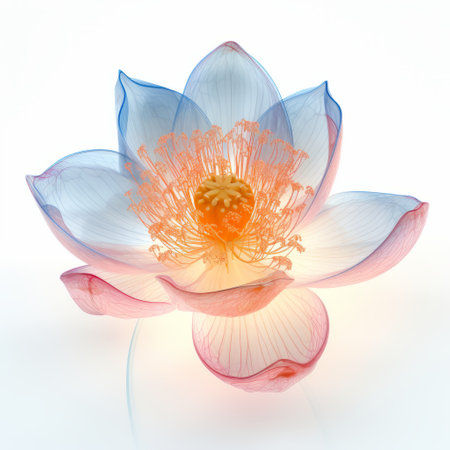 a stunning blue and orange lotus flower is showcased in this visually captivating photo. the flower is rendered using physically based rendering techniques, creating a lifelike appearance. the light pink and amber hues add a touch of warmth to the image, while the white background enhances the ethereal lighting. the chinese iconography and layered mesh give the photo a unique and intricate feel, complemented byの素材