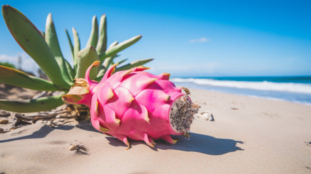 dragon fruit on the beach, surrounded by the vibrant blue ocean. this photo captures the fusion of mexican and american cultures, with nature-inspired imagery. shot with a sony fe 35mm f/1.4 za lens, the pinkcore of the dragon fruit stands out against the exotic landscape. the scene also features humorous animal scenes, adding a touch of playfulness to the overall composition. ai generatedの素材